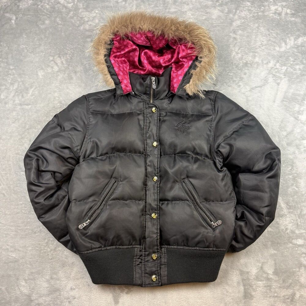 Vintage Rocawear Down Puffer Jacket Fur Hood Black Women’s Medium Y2K